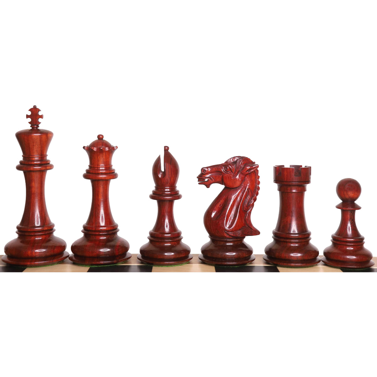 Complete line-up of dark Bud Rosewood Mammoth Luxury Staunton chess pieces.