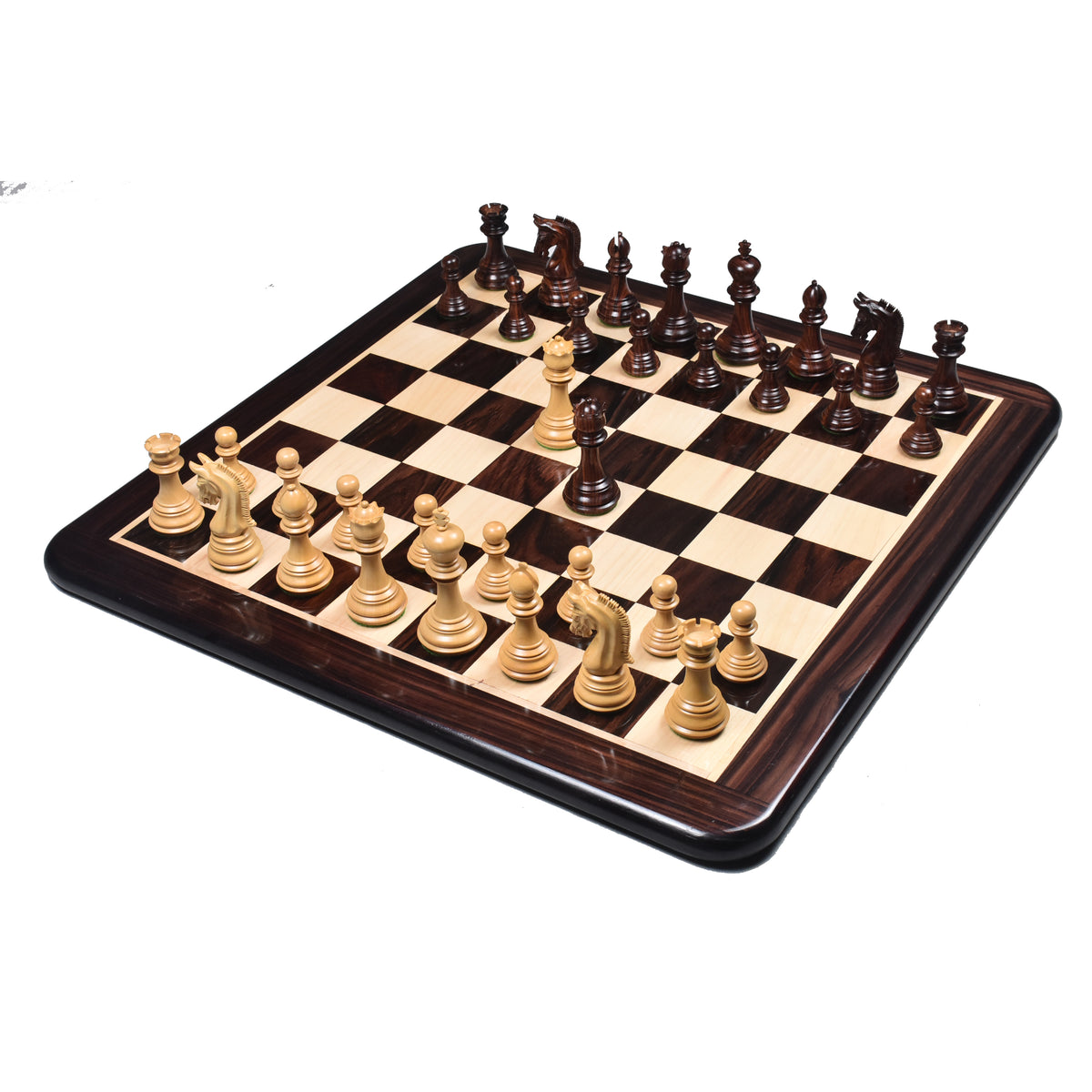 Complete 3.8 inch Imperial Staunton weighted rosewood chess set arranged on a glossy board.