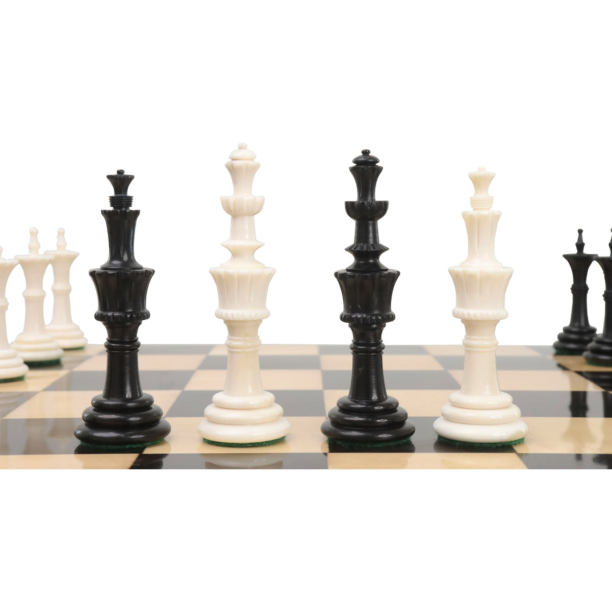 Turkish Tower pre-Staunton chess set pieces placed on a chessboard