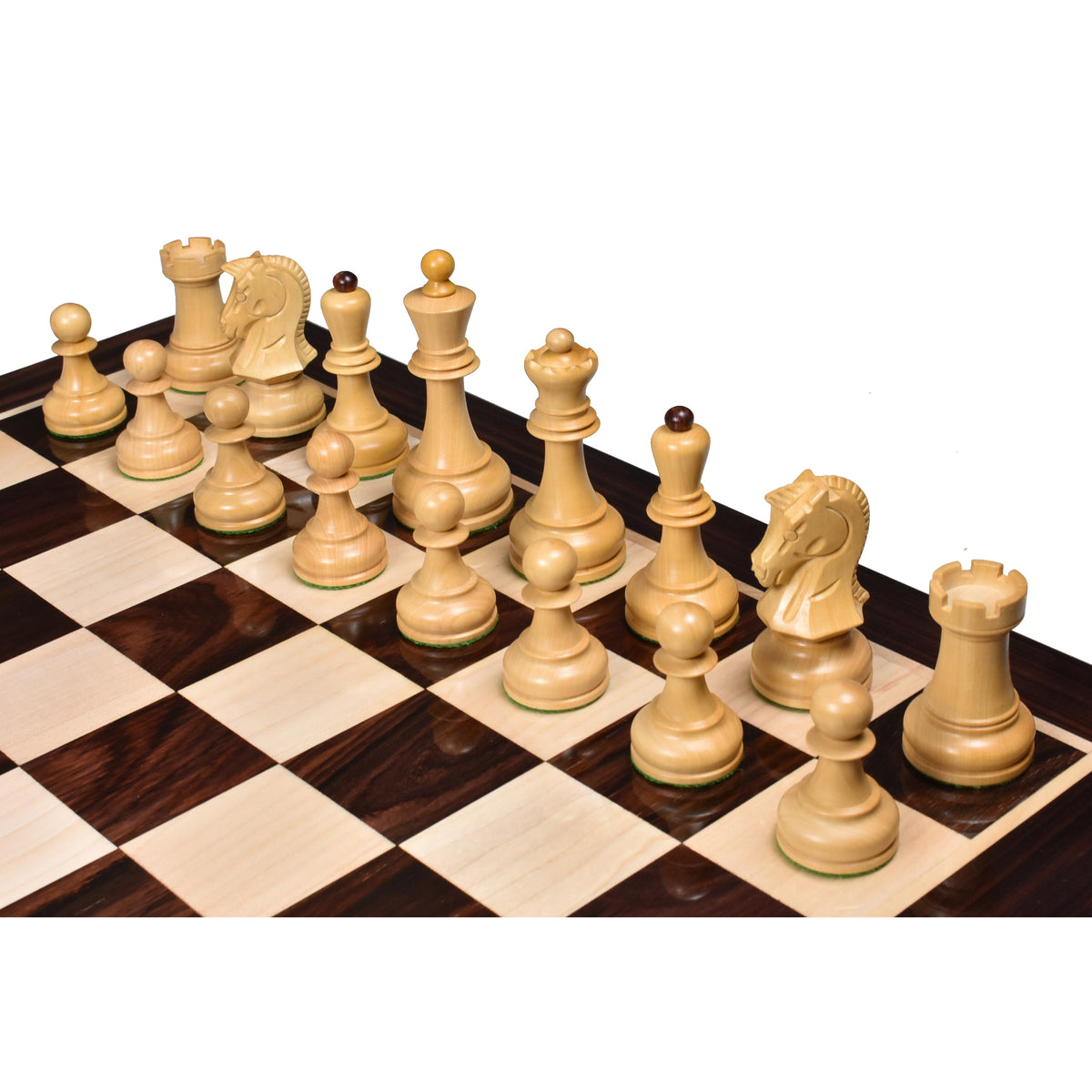 Full Rosewood and Boxwood Dubrovnik chess set arranged in a starting position on a premium chess board.