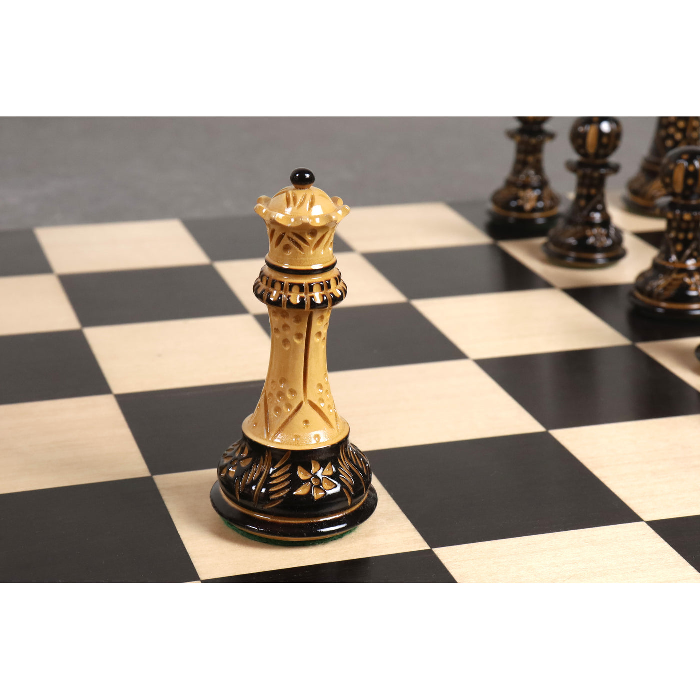4" Professional Staunton Hand Carved Gloss finish Boxwood Chess Pieces with 17.7" Borderless Ebony & Maple Wood Chess board and Book Style Storage Box