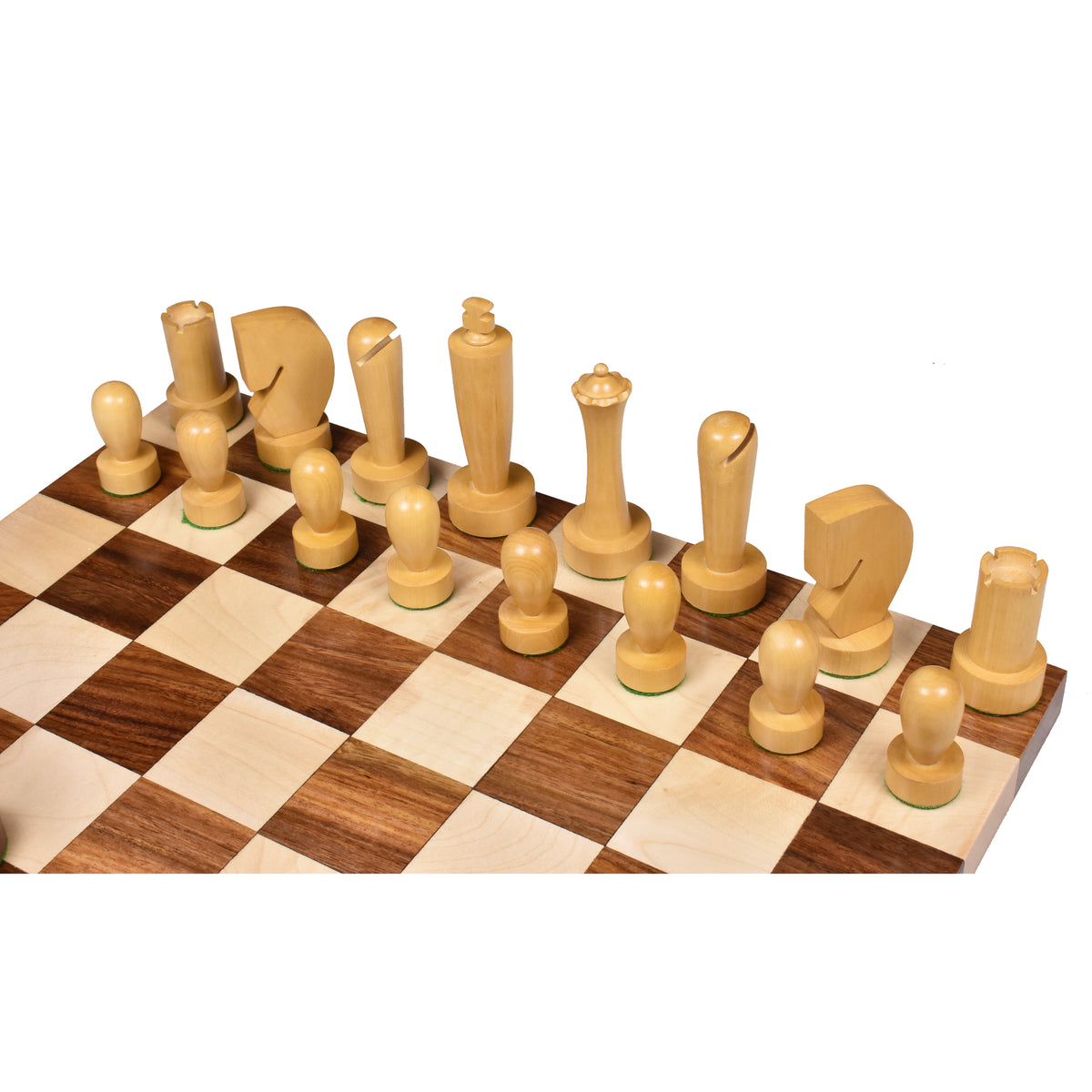 Light boxwood minimalist Berliner chess pieces arranged neatly on a wooden chess board.