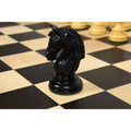 Detailed view of the hand-carved ebony knight piece from the Stallion Staunton set.
