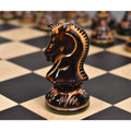 Detailed macro shot of the hand-carved knight piece from the 1970s Dubrovnik set with a high-gloss lacquered burnt finish.