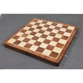 Empty 20 inch golden rosewood and maple inlaid chess board with a thick border and rounded corners.