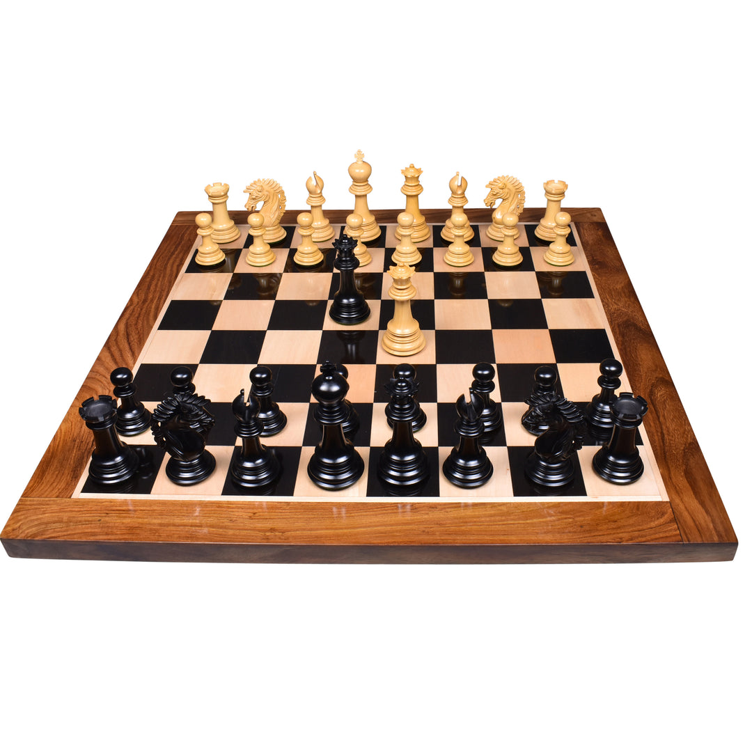 Jeu d'échecs de luxe Mogul 4.6" - Pièces d'échecs en bois d'ébène + échiquier et boîte de rangement en similicuir brun foncé
