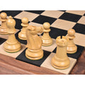 Full 3.9 inch Lessing Staunton triple weighted chess pieces set up on a luxury wooden chessboard.