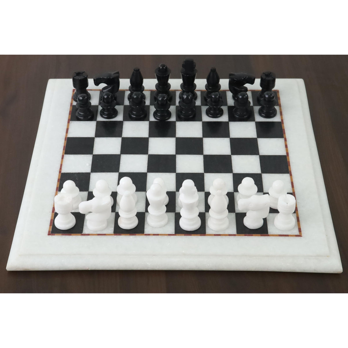 Front view of the 12-inch black and white marble stone chess set.