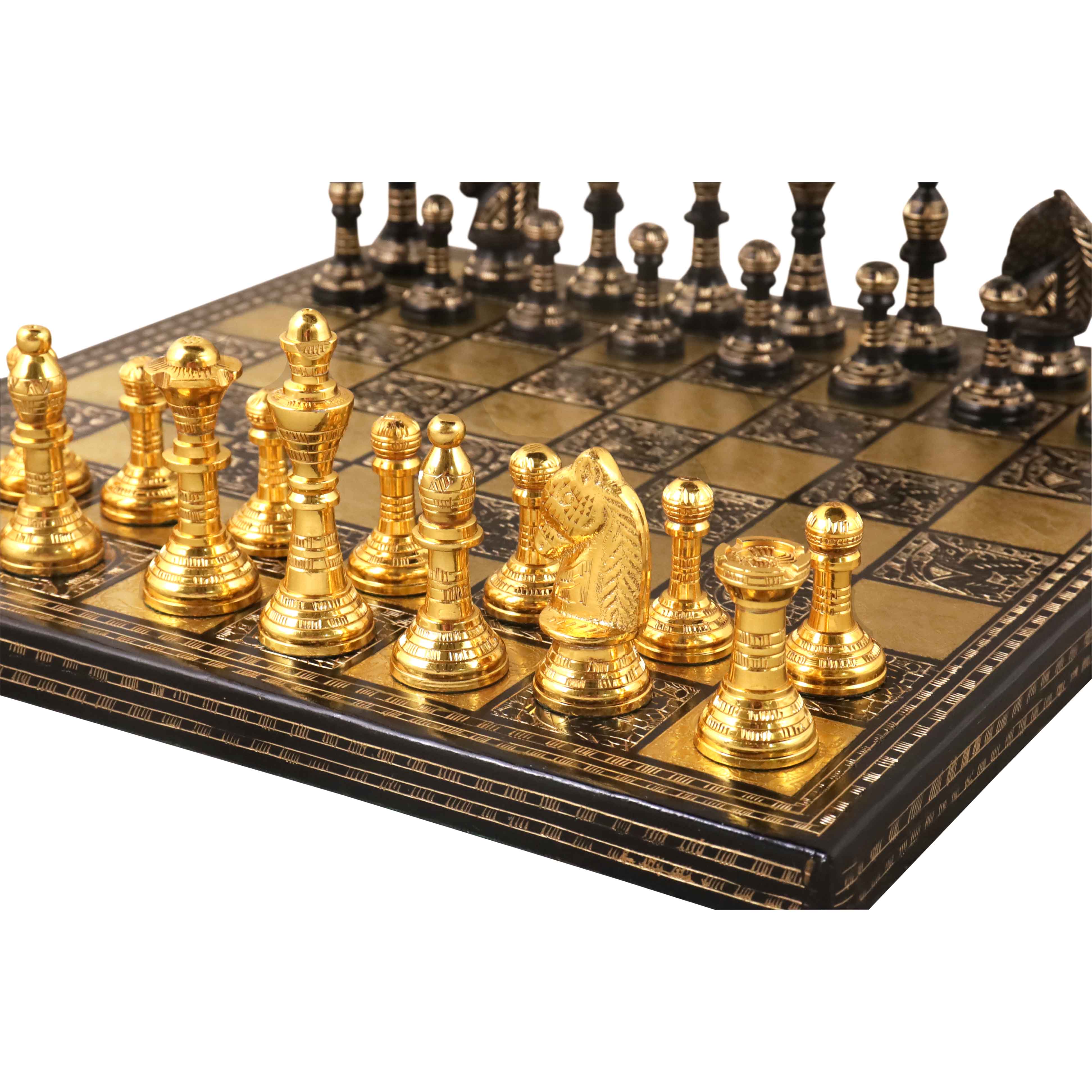 Staunton Inspired Brass Metal Luxury Chess Pieces & Board Set