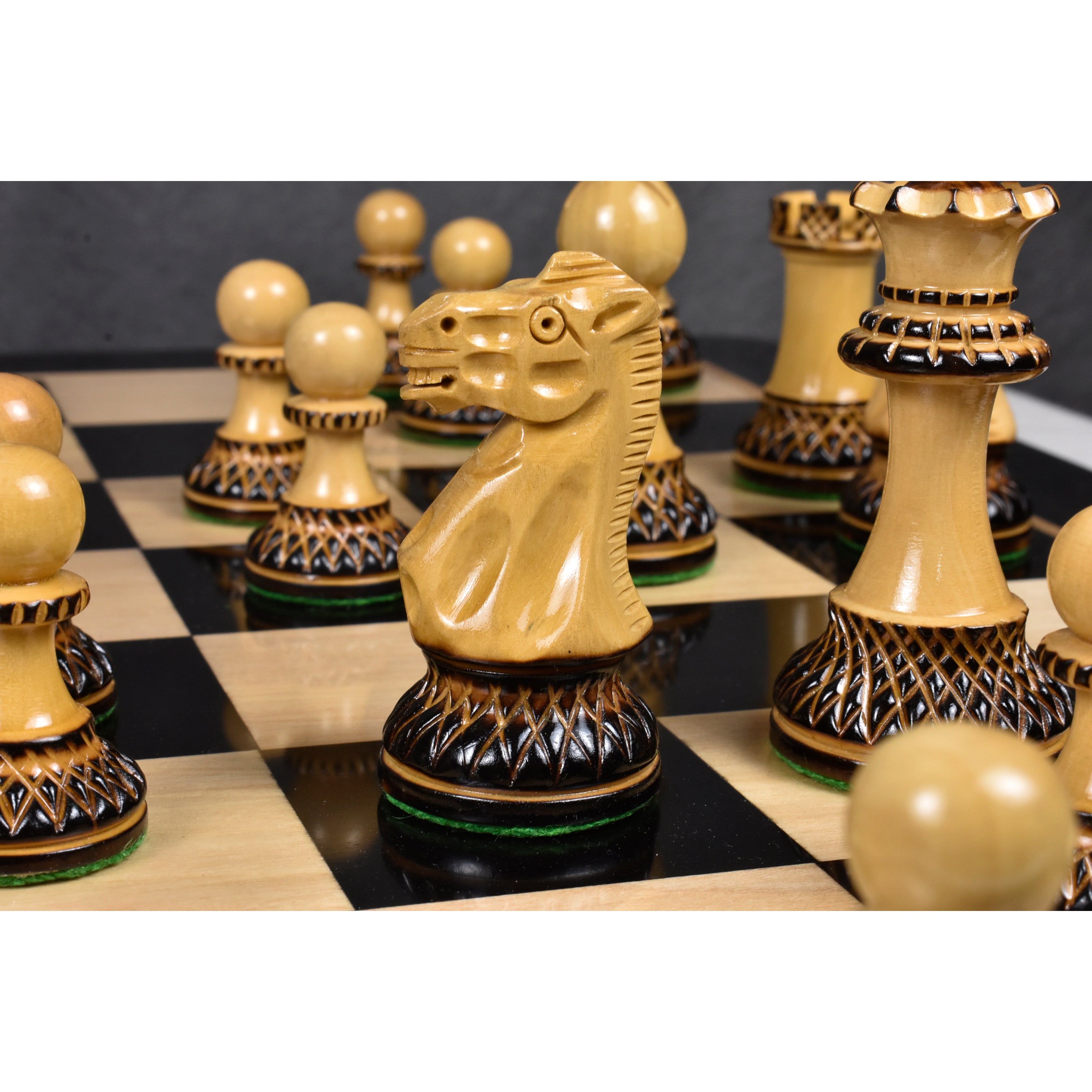 3.9" Parker Staunton Carved Chess Set Combo - Pieces in Lacquered Burnt Boxwood with Board and Box