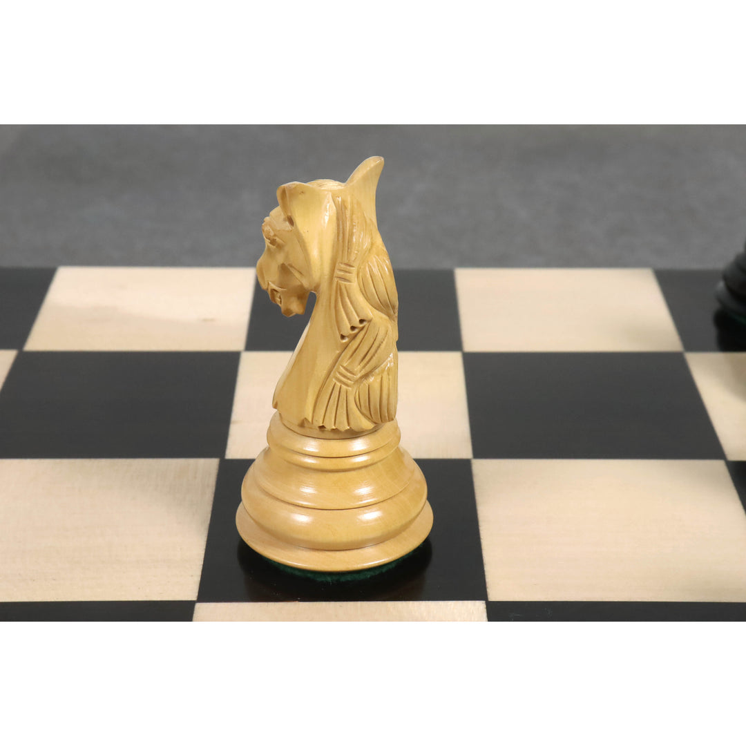 4.6″ Seltene kolumbianische dreifach gewichtete Ebenholz-Luxus-Schachfiguren mit 23" Ebenholz - & Ahornholz-Schachbrett und Kunstleder - Koffer Aufbewahrungsbox