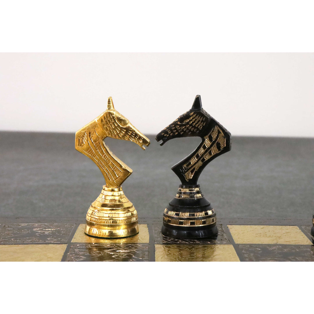 Sovjetisk inspireret messing metal luksus skakbrikker og bræt sæt - 14" - sort og guld - unik kunst
