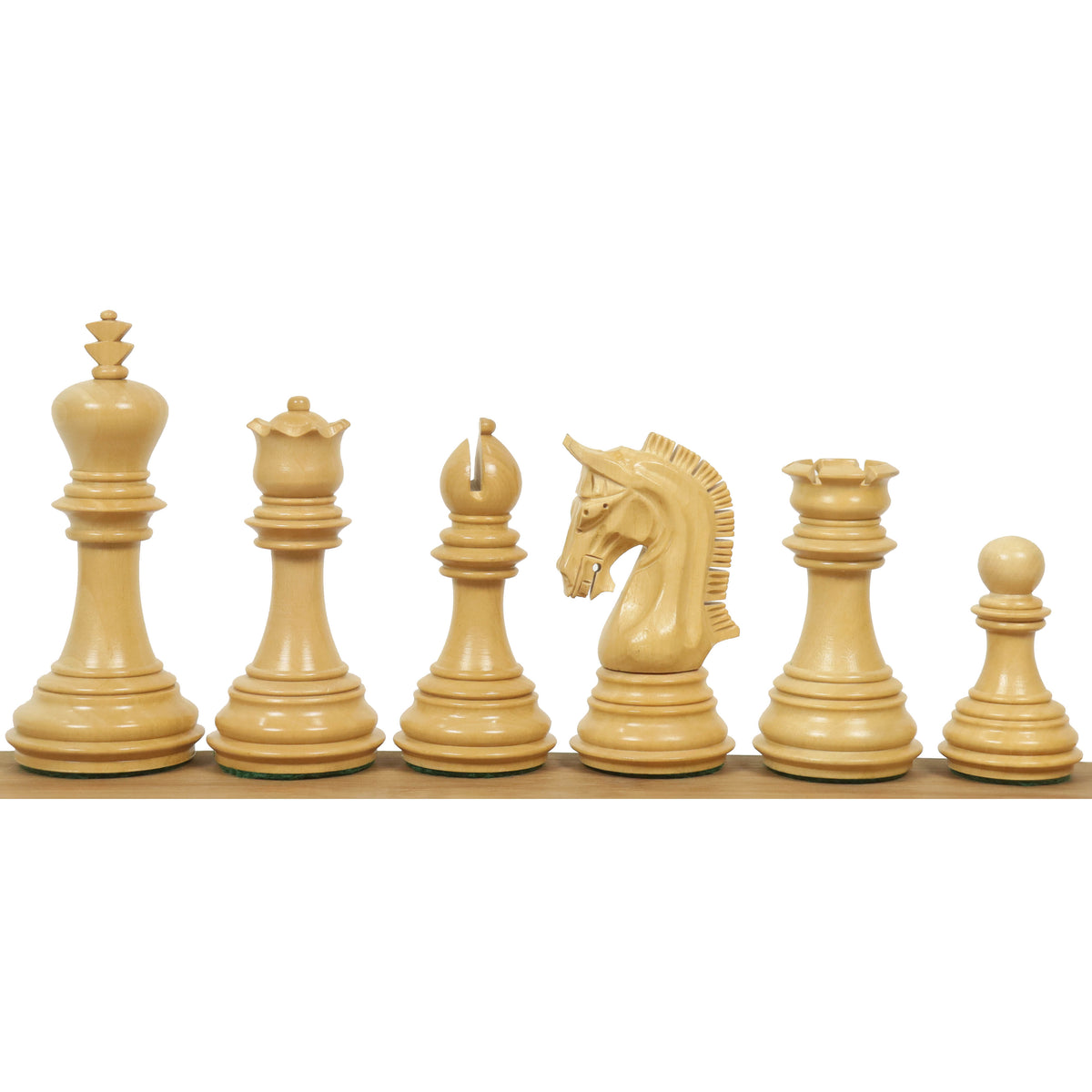 Lineup of six light boxwood 3.8" Imperial Staunton chess pieces, from king to pawn.