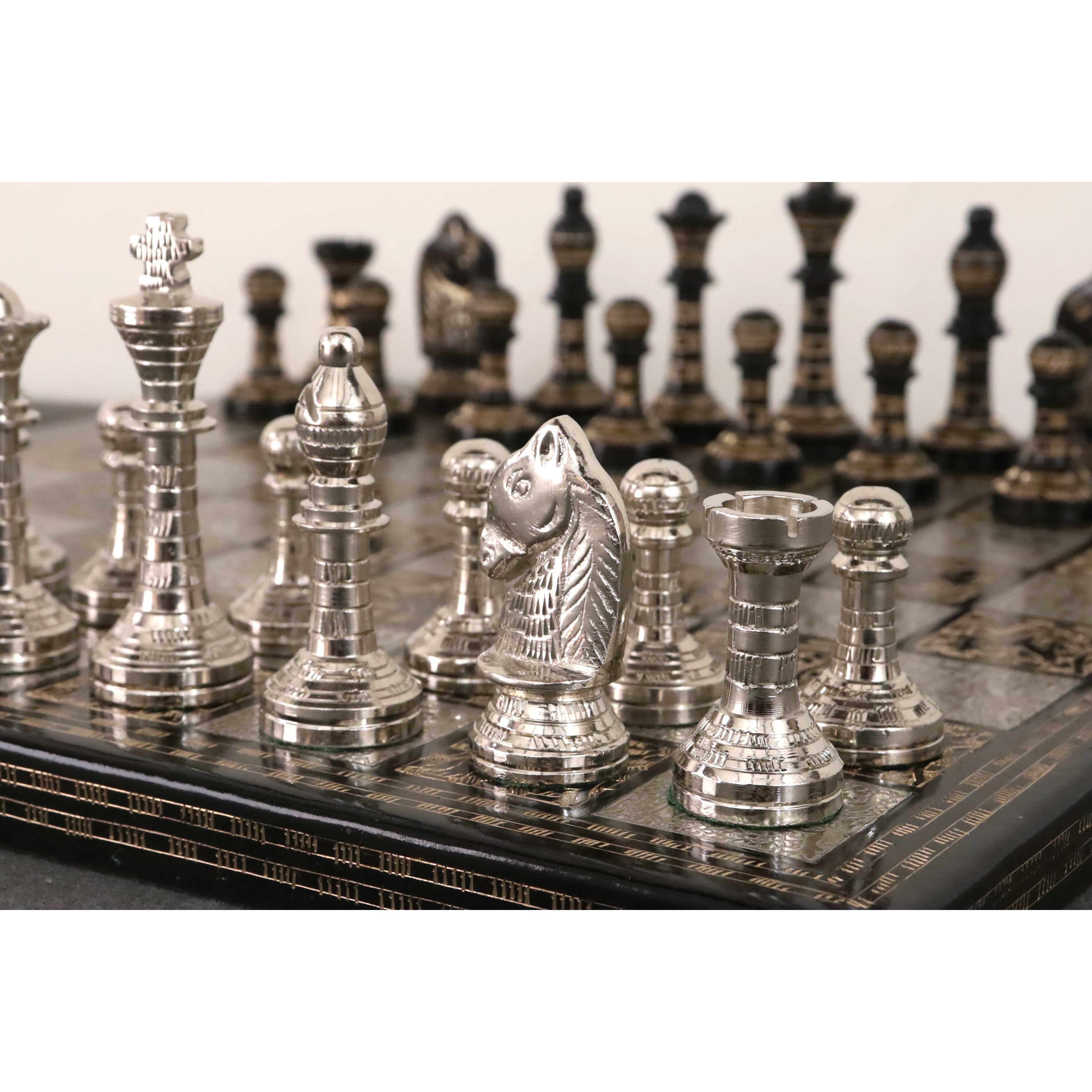 Classic Staunton Brass Metal Luxury Chess Pieces & Board Set