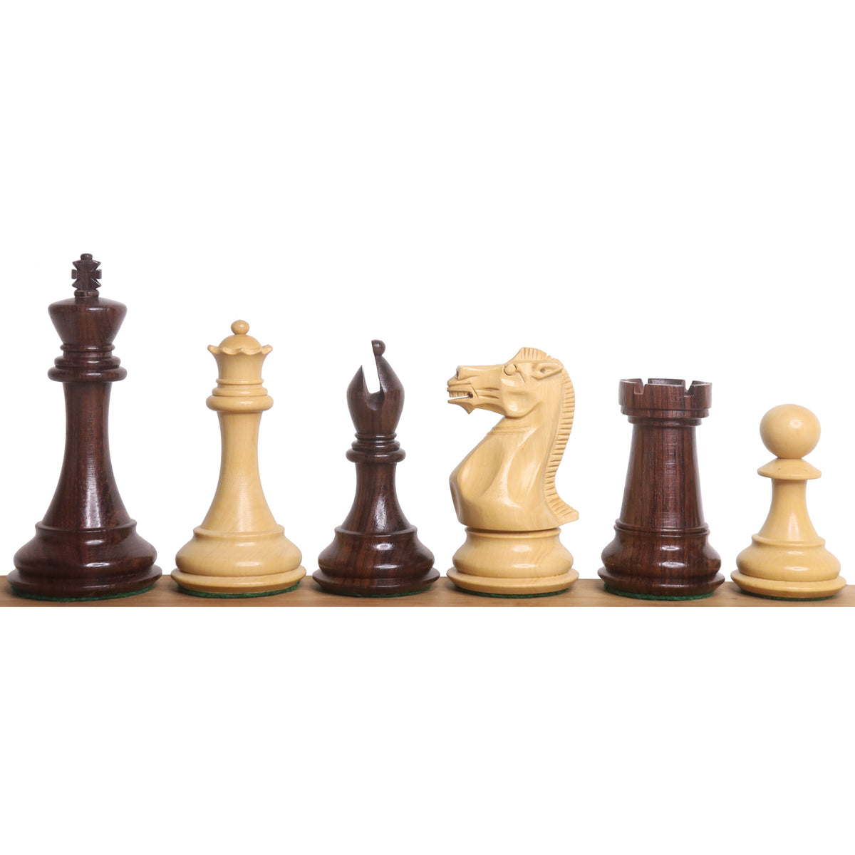 Alternating lineup of rosewood and boxwood 4-inch sleek Staunton luxury chess pieces arranged from king to pawn.
