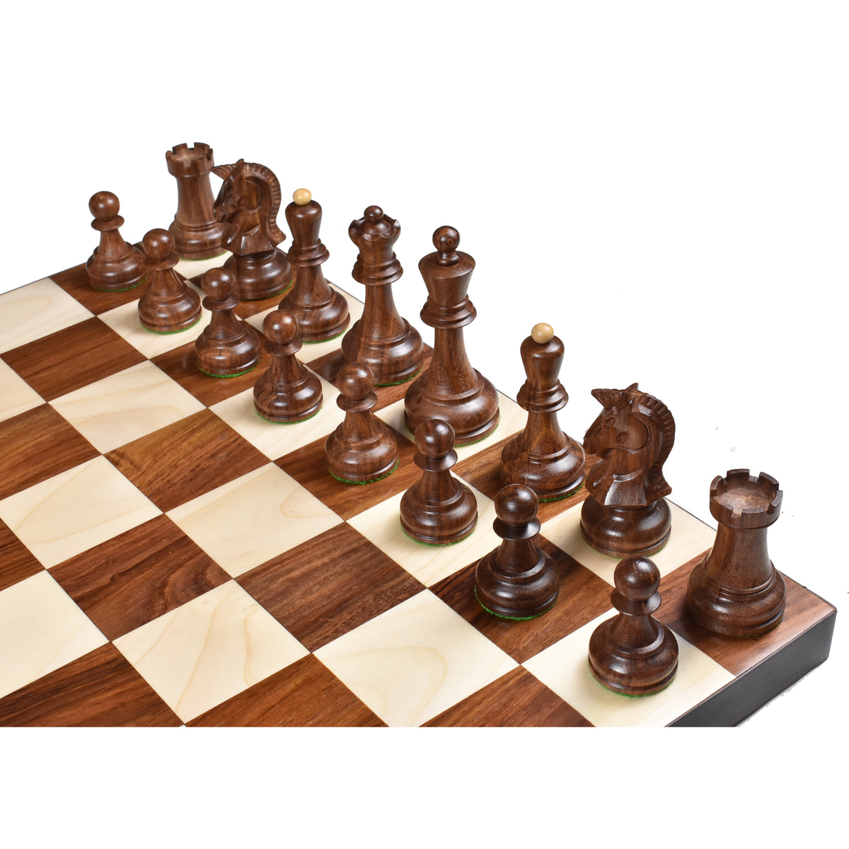 Dark Golden Rosewood chess pieces from the double-weighted 1970s Dubrovnik set arranged on a wooden chessboard.