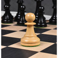 Premium boxwood chess pieces from the Lessing series arranged on a wooden chess board.