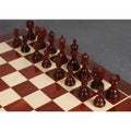 Overhead angle of a full Stallion Staunton chess set on a board.