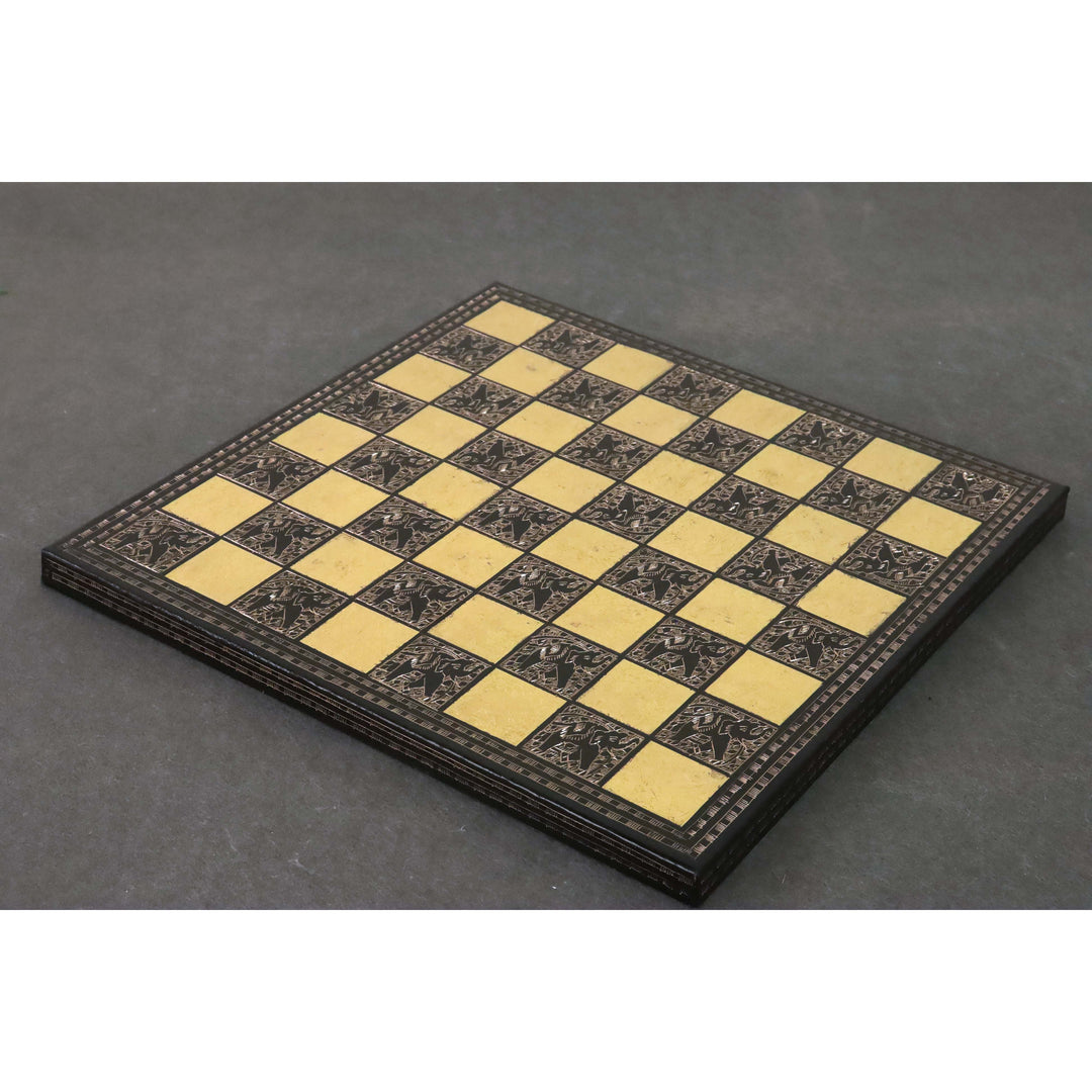 Sovjet geïnspireerde messing metalen luxe schaakstukken & bord set - 14" - zwart & goud - unieke kunst