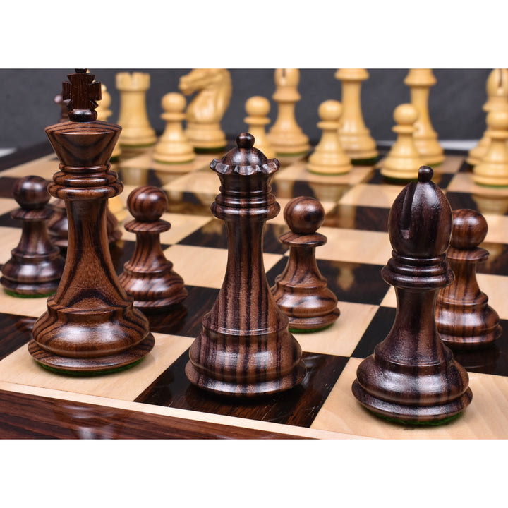Pièces d'échecs exclusives Alban Staunton en bois de rose de 3.9" avec grand échiquier plat de 21" Boîte de rangement en bois de rose et d'érable et style livre