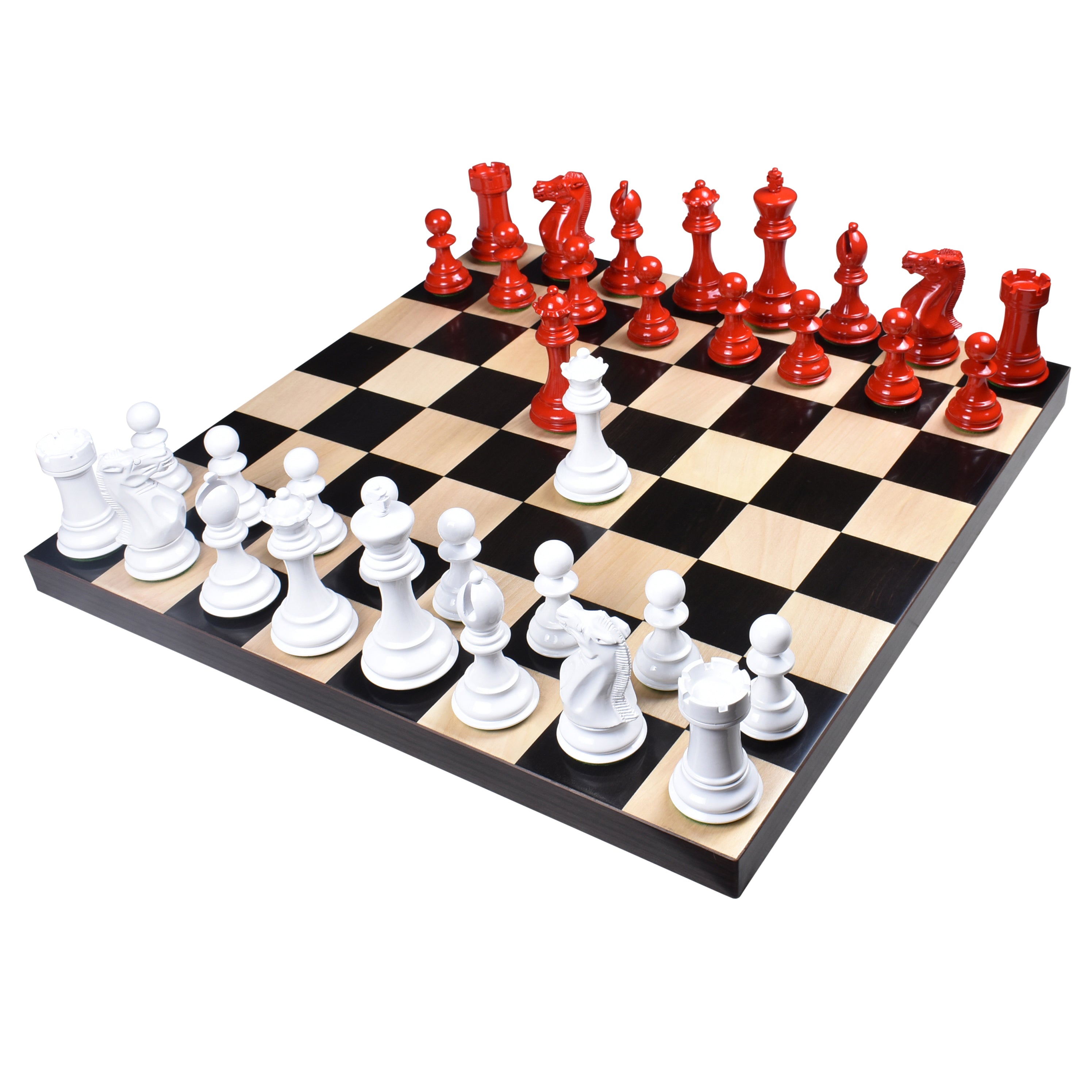 Combo of 4.1" Pro Staunton Chess Set - Pieces in Red and White Painted Boxwood with Board and Box