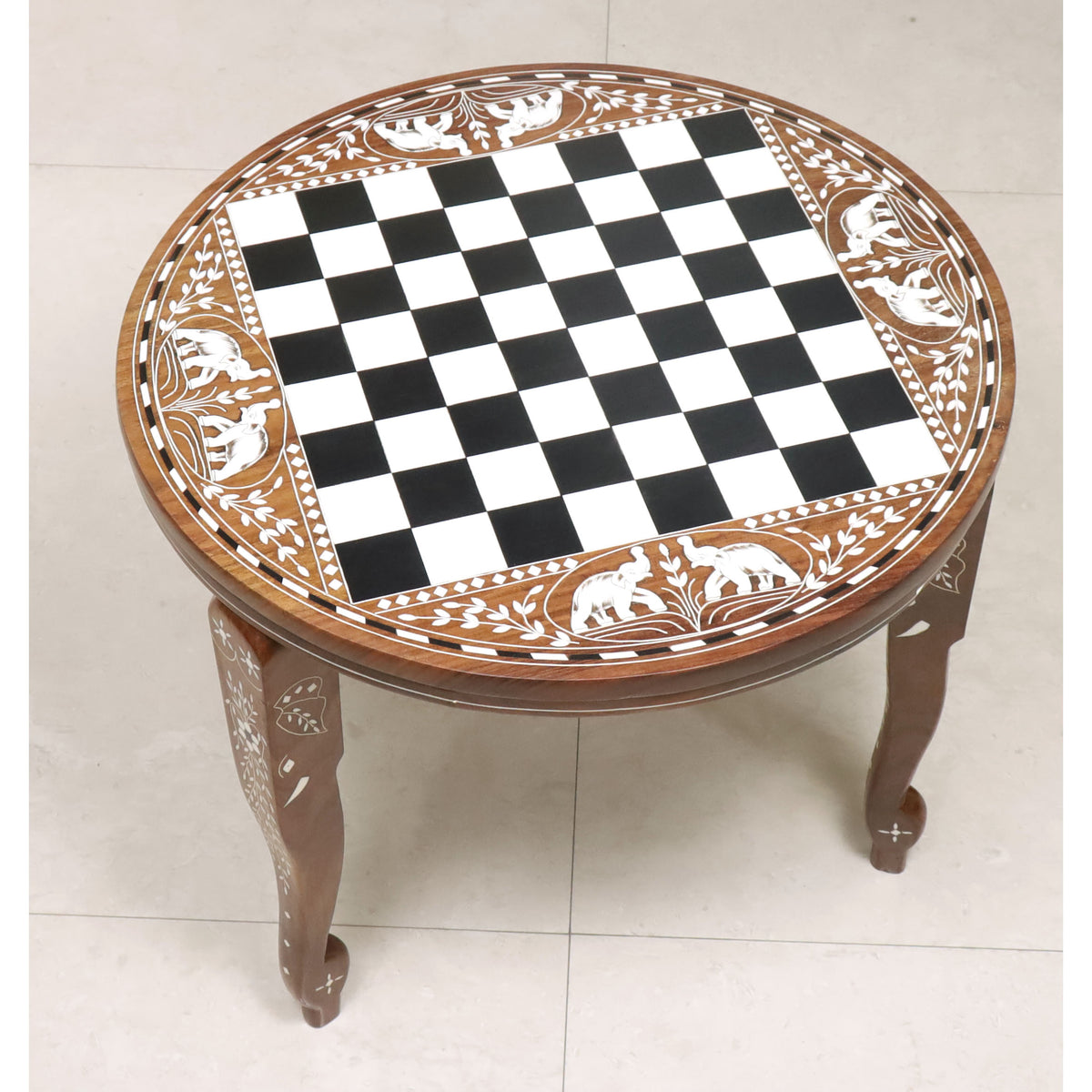 Premium sheesham wood round chess table with a 20-inch diameter and elegant acrylic ivory elephant motifs.