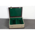 Front view of the empty dual-compartment leatherette chess box lined with green felt for scratch protection.