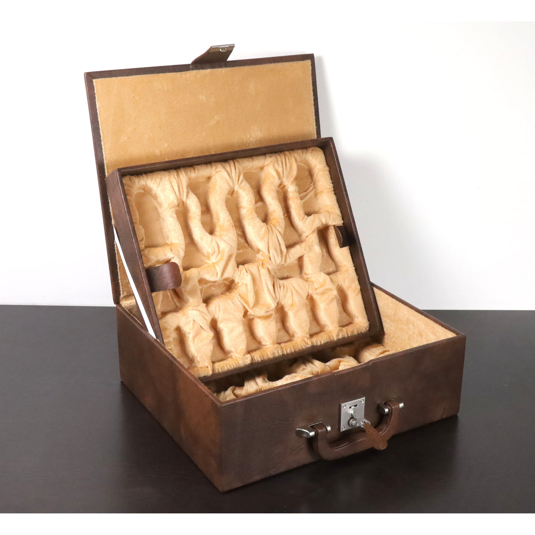 4.6" Mogul Luxury Chess Combo Set - Schachfiguren aus Ebenholz + Brett & Tan Brown Leatherette Coffer Storage Box