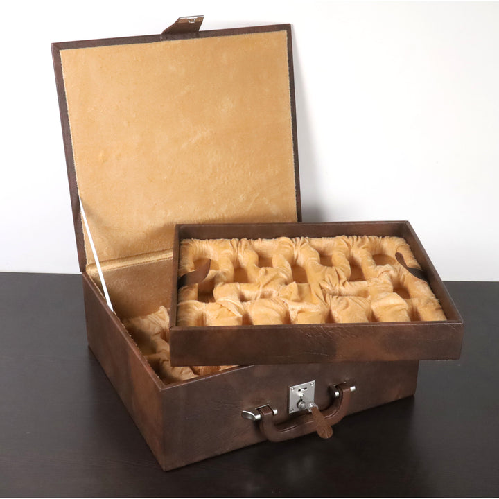 Juego combinado de ajedrez de lujo Mogul de 4,6" - Piezas de ajedrez de madera de ébano + tablero y caja de almacenamiento de cuero artificial marrón tostado