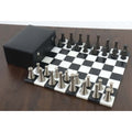 3.1" Tower Series brass metal chess set, marble board, and storage box in a full set configuration.