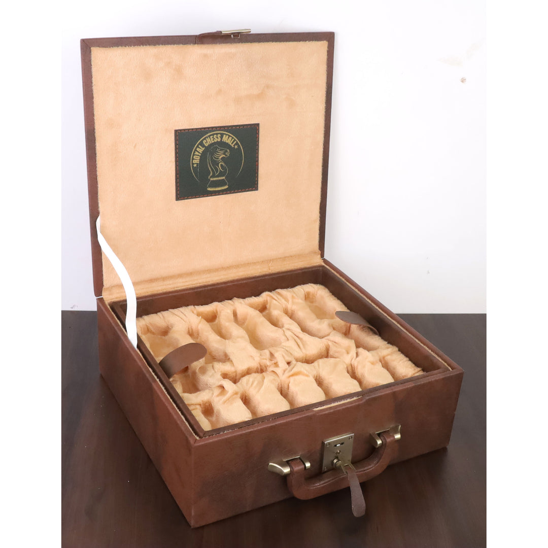 Braune Kunstlederkoffer-Aufbewahrungsbox für Schachfiguren - 3,5" bis 4.1" Schachfiguren -mit Tablett