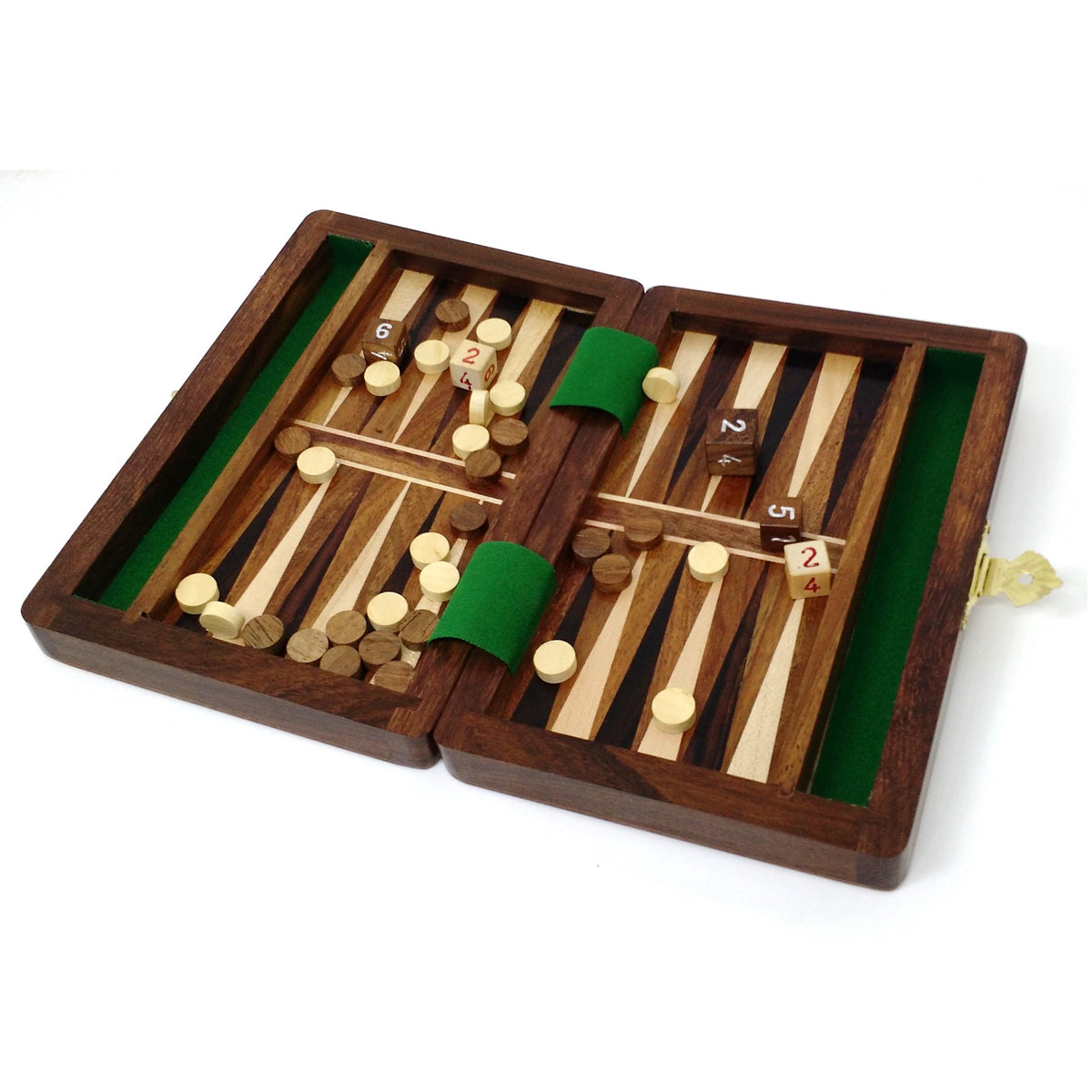 Interior view of the 6-inch wooden travel backgammon board with game pieces.