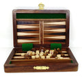 6-inch wooden travel backgammon set with brass latch and game pieces.