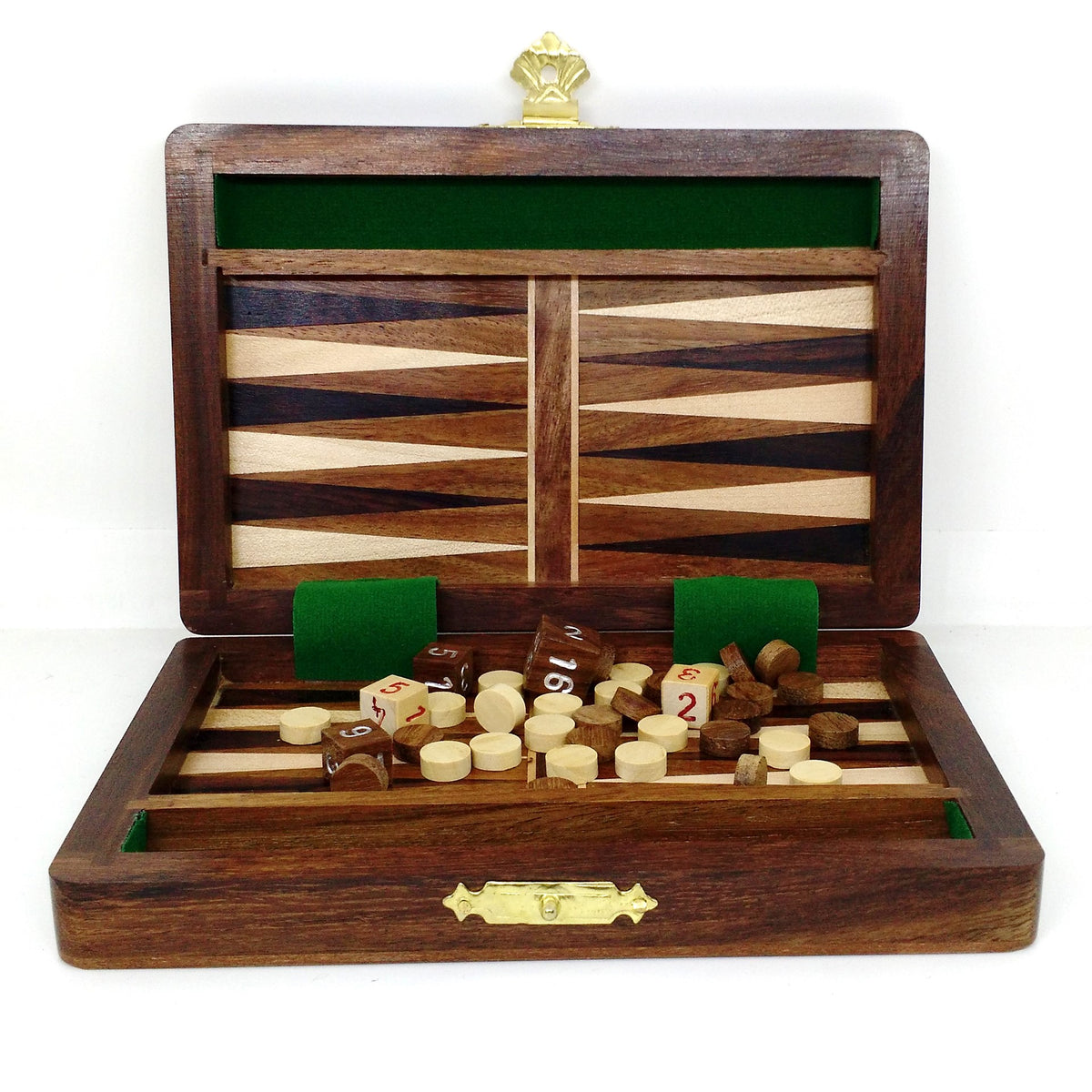 6-inch wooden travel backgammon set with brass latch and game pieces.