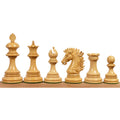 Six boxwood luxury Staunton chess pieces including king, queen, bishop, knight, rook, and pawn in a clear profile view.