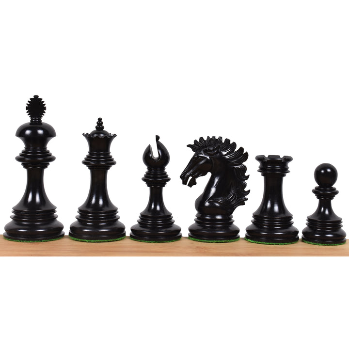 Triple weighted ebony Alexandria Staunton chess pieces featuring a polished professional finish.