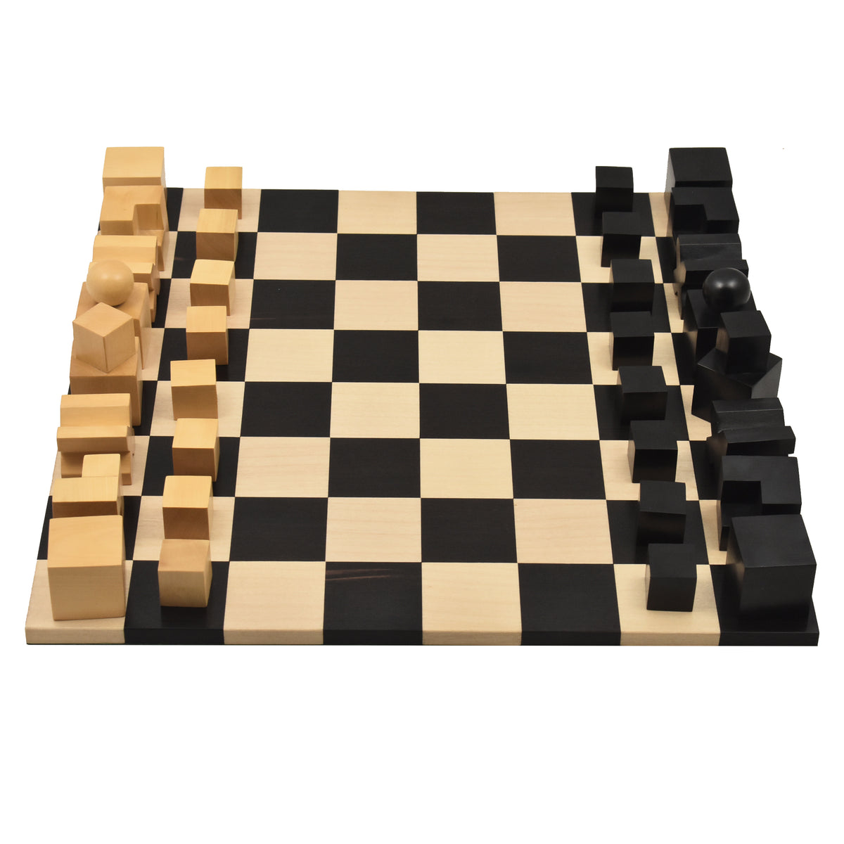 Top-down view of the ebonised Bauhaus chess set arranged on a square ebony wood chess board.