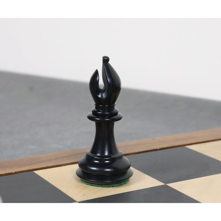 Solitary black stained camel bone bishop highlighting the classic Jacques Cook 1849 Staunton design.