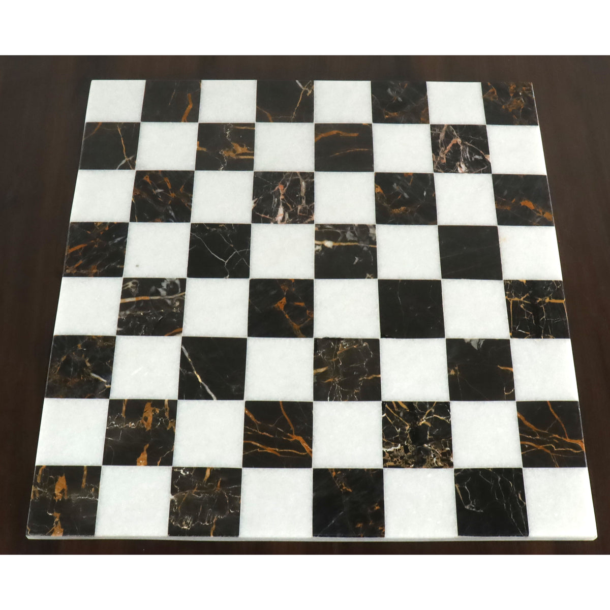 18 inch square luxury chess board crafted from premium black and white marble stone with a borderless design.