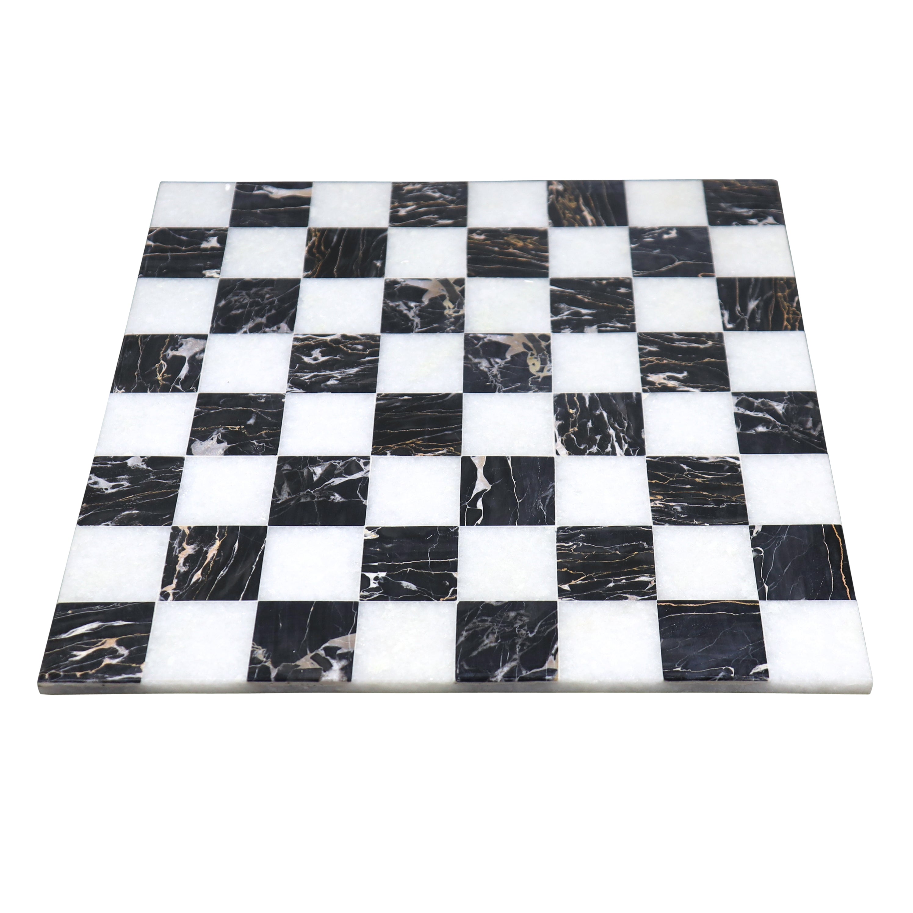 15 inch borderless marble chess board featuring polished black and white stone squares.