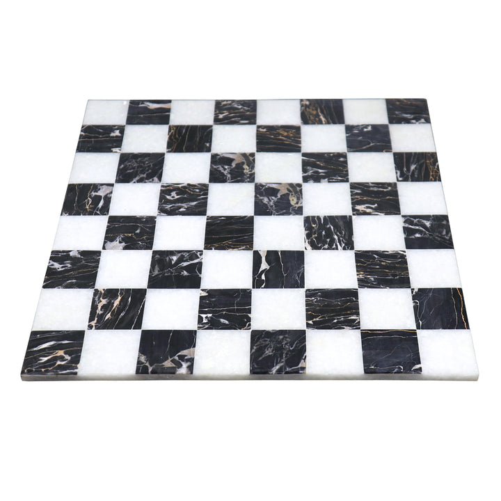 15 inch borderless marble chess board featuring polished black and white stone squares.