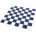 18 inch borderless marble chess board with vibrant blue lapis lazuli and polished white stone squares.