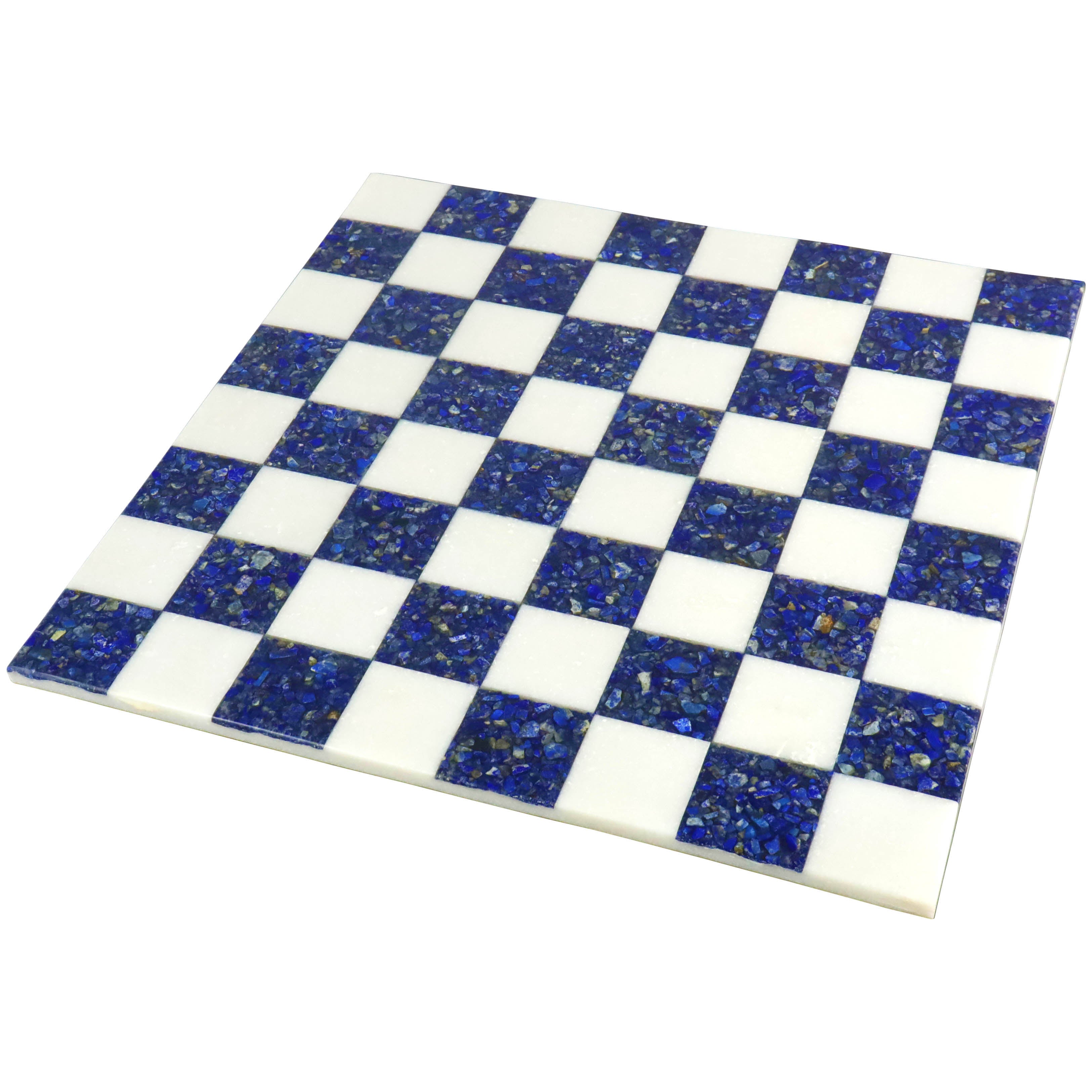 18 inch borderless marble chess board with vibrant blue lapis lazuli and polished white stone squares.