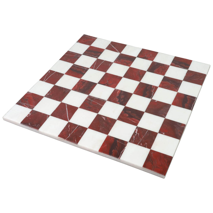 15 inch borderless marble chess board with maroon semi-precious stone and white marble squares.
