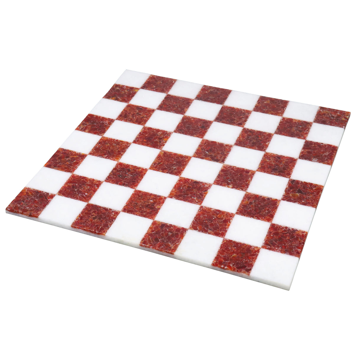 15 inch borderless marble stone chess board with handcrafted red and white square tiles.