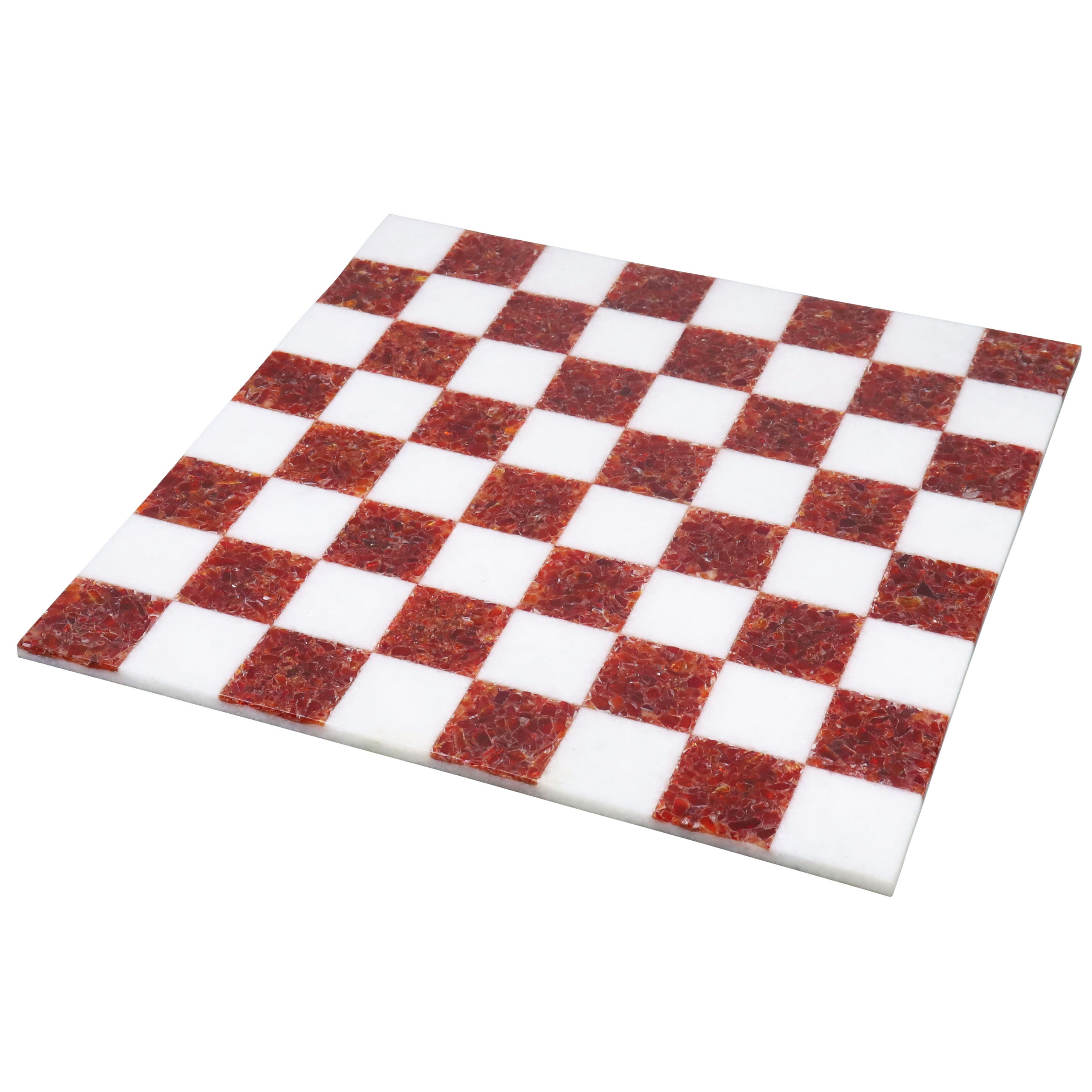 15 inch borderless marble stone chess board with handcrafted red and white square tiles.