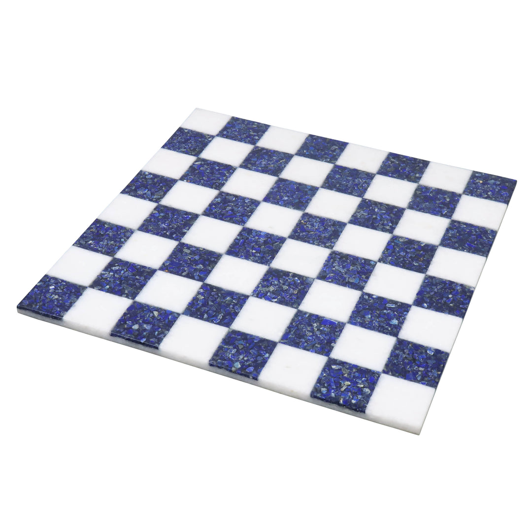 Borderless marble luxury chess board with blue lapis lazuli and white stone squares.