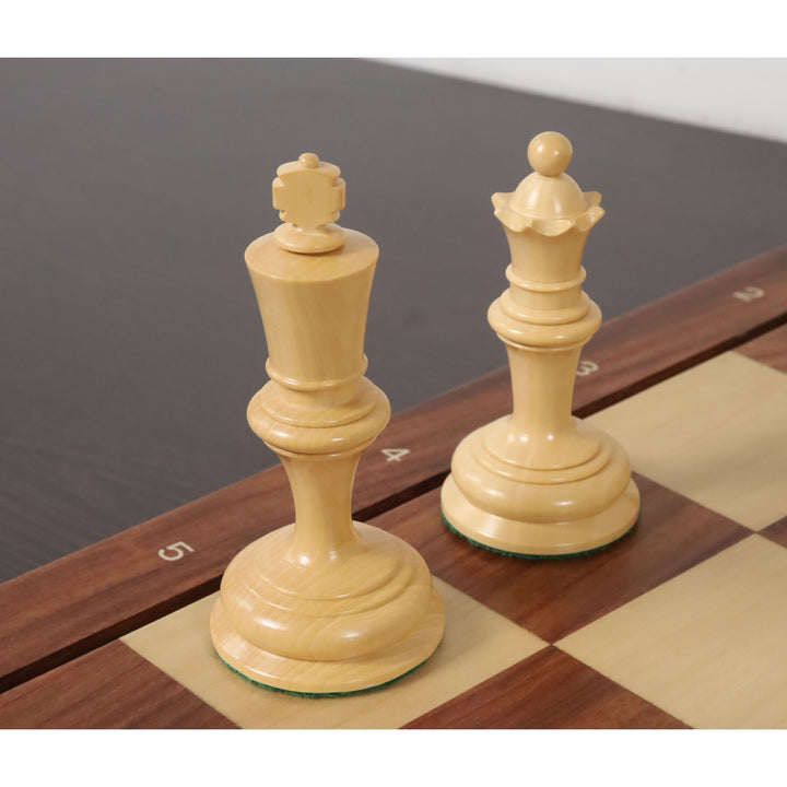 Boxwood King and Queen pieces from the Botvinnik Flohr set showing unique Soviet-style finials.
