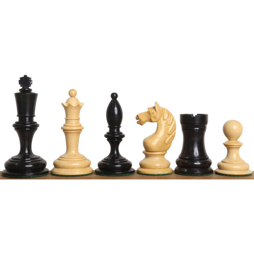 Boxwood and ebonised 1933 Botvinnik Flohr Soviet chess pieces in a side-profile lineup.