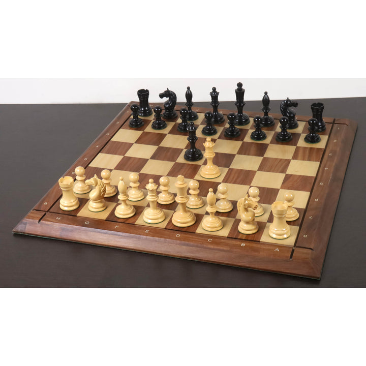 1933 Botvinnik Flohr Soviet chess pieces arranged on a premium wooden board in starting position.